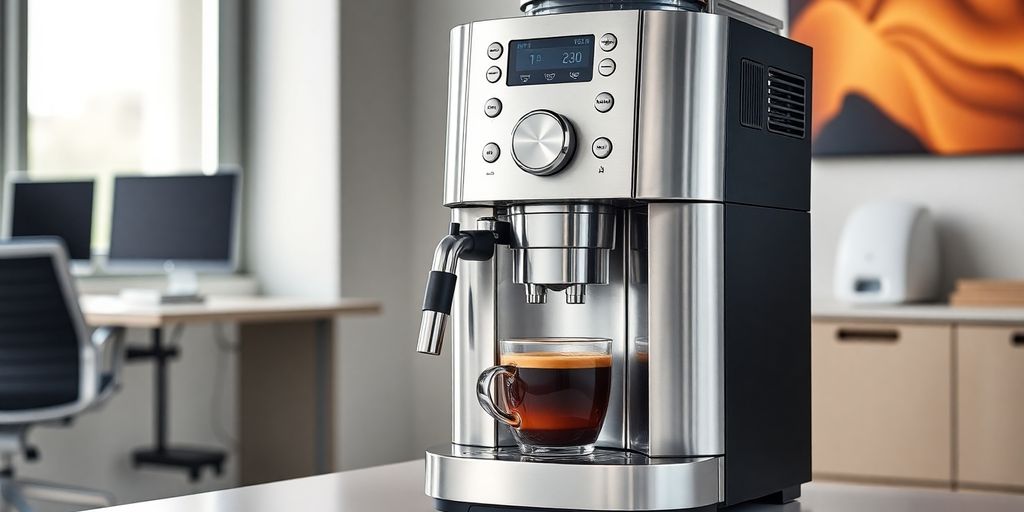 KitchenAid KF7 coffee machine in a modern office setting.