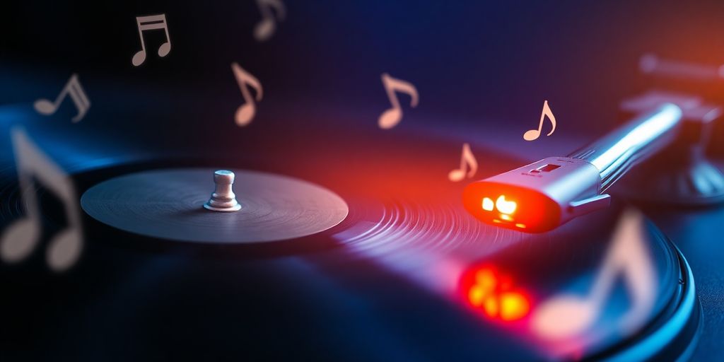 A magnifying glass hovering over musical notes.