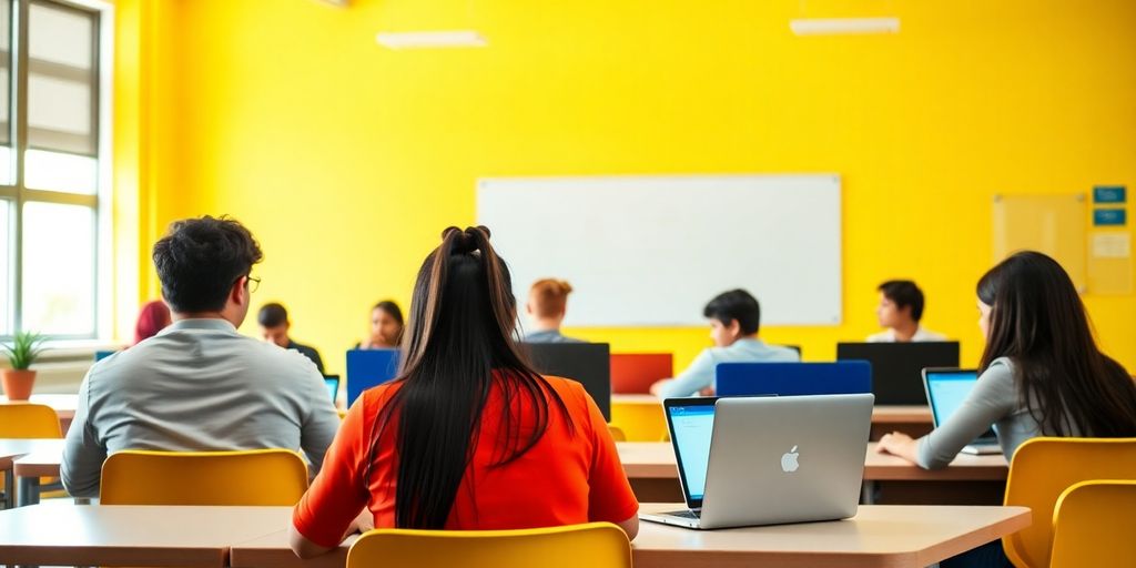 Students using laptops in a bright classroom setting.