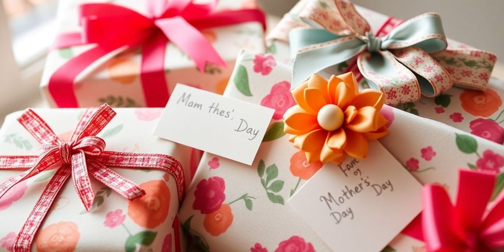 Handmade gifts wrapped with ribbons for Mother's Day.