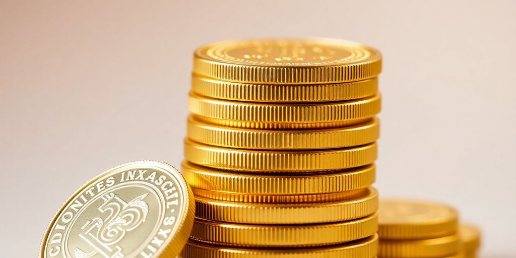 Pièces d'or brillantes empilées sur un fond neutre.