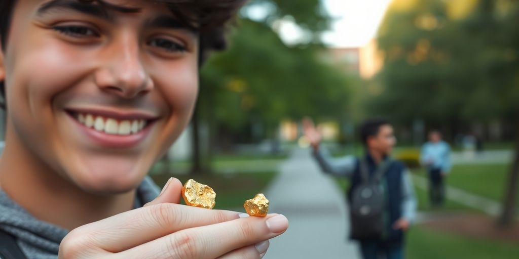 Étudiant souriant avec des pépites d'or