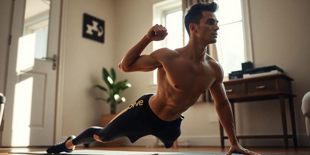 Swimmer performing bodyweight exercise indoors.