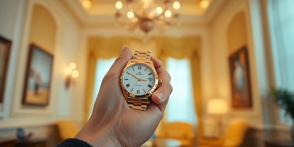 Main d'homme tenant une montre en or.