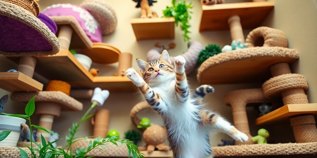 Cat exploring a colorful vertical space with shelves.