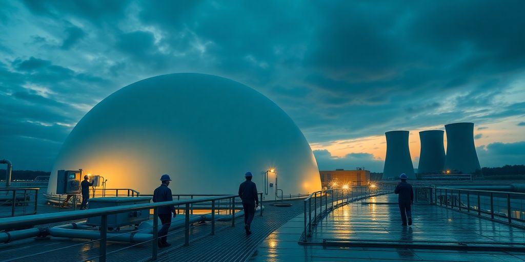 Nighttime photo of advanced nuclear reactor dome with engineers walking.