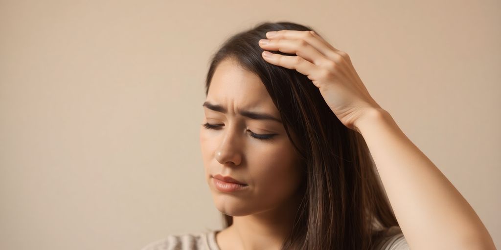 Person holding head, blurred background, soft lighting.