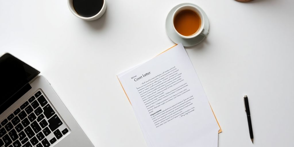 Elegant workspace with a laptop and a printed cover letter.