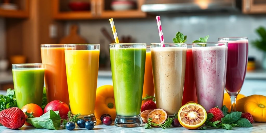 Colorful weight loss shakes with fresh fruits and greens.