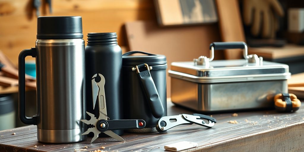 Workman's gift set: thermos, tools, and lunchbox.