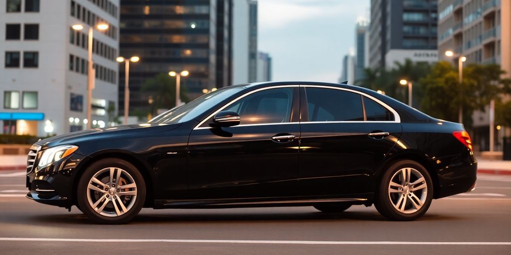 Sleek black sedan parked, city skyline background.