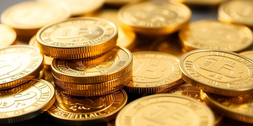 Pièces d'or brillantes, certaines empilées, d'autres isolées.