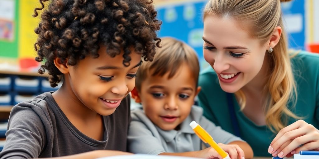 Schüler und Schulbegleiter in einem Klassenzimmer.