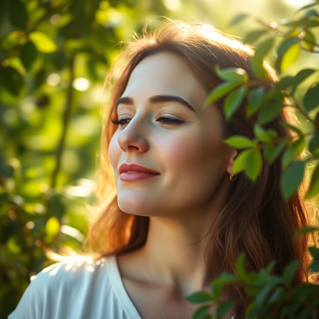 Serene woman in nature, reflecting emotional balance.