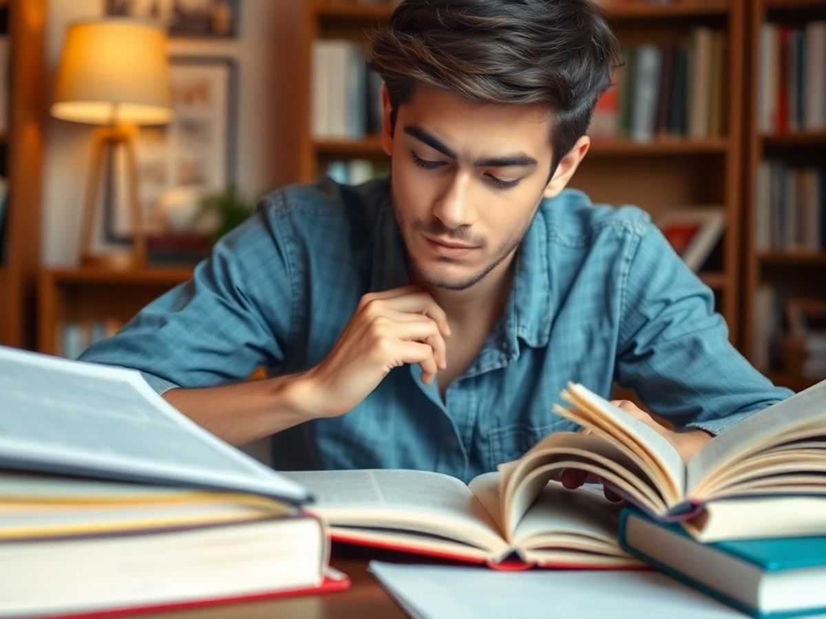 Student studying intensely with books and materials around.