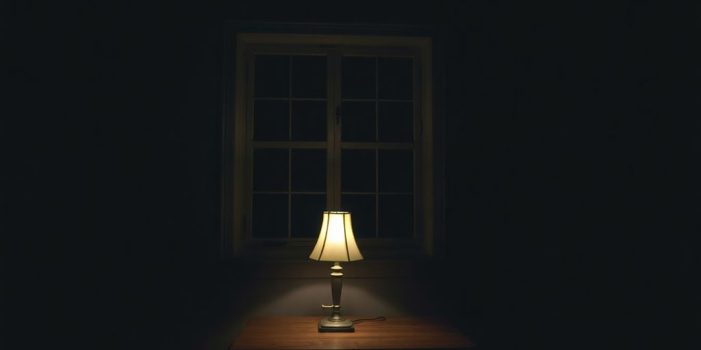 Dark, empty room with a single lamp.