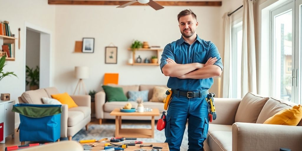 Handyman assessing home repairs in a cozy living room.