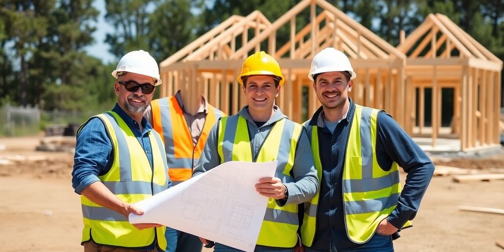 Construction team, safety gear, blueprint, smiling, sunny day.