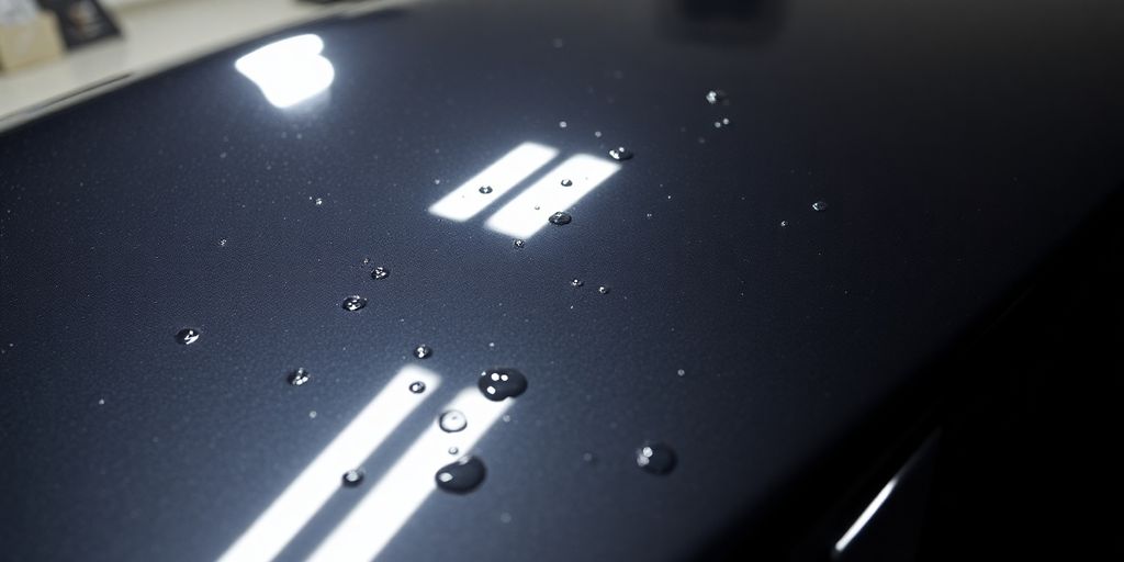 Glossy car surface reflecting bright light.