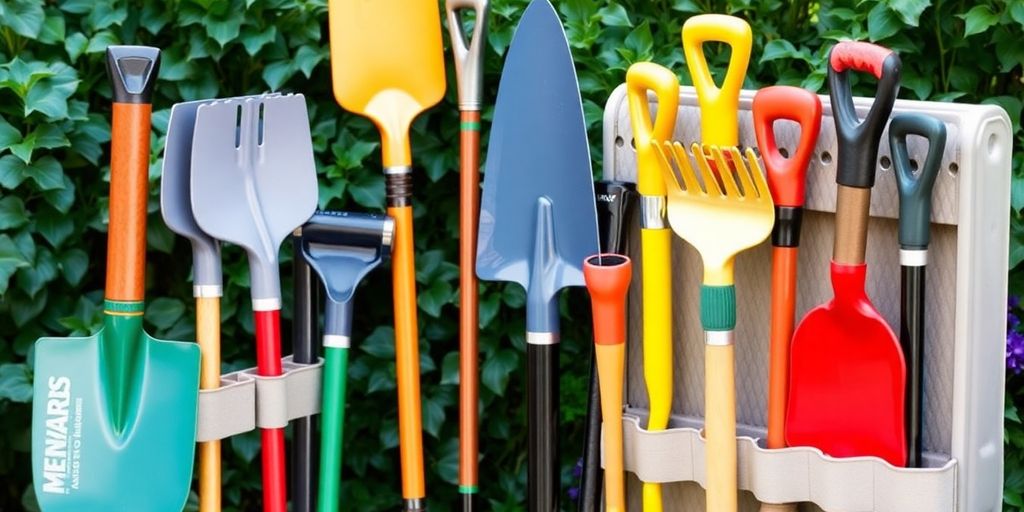 Garden tools organized in a Menards tool organizer.