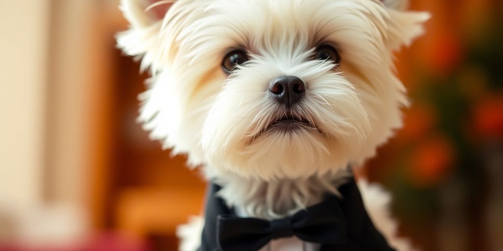 Small dog wearing a tuxedo, looking happy.
