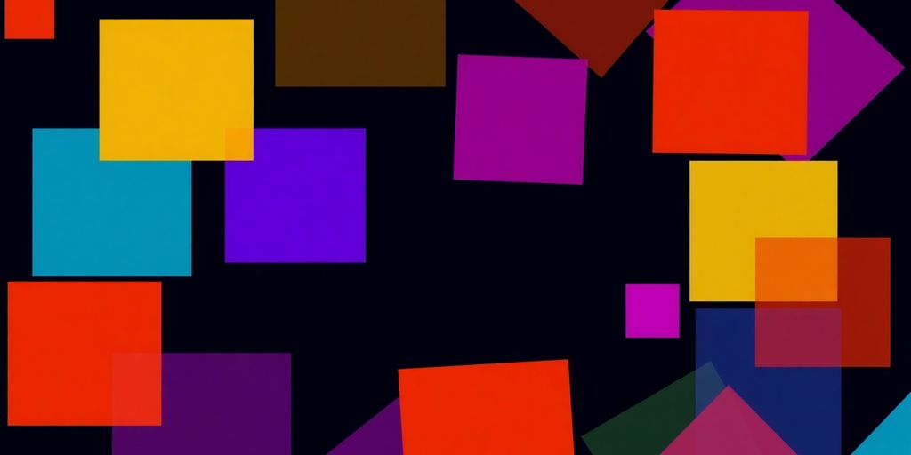 Bright abstract geometric shapes floating against a dark background.