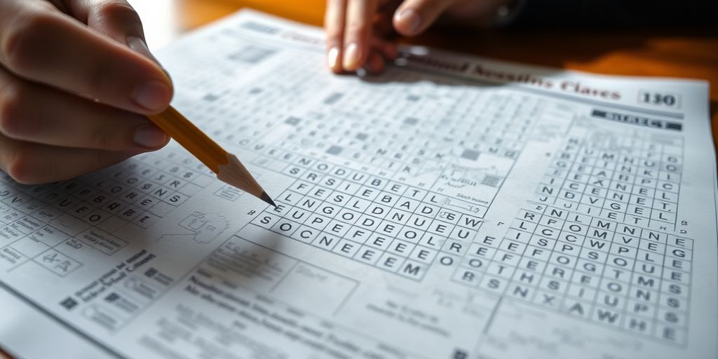Person solving a crossword puzzle on a wooden table.