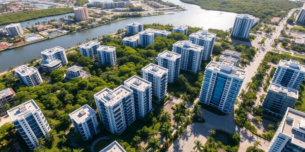 Aerial view of vibrant Aventura, Florida apartment community.