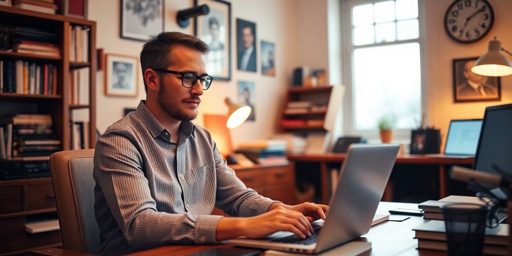 A cozy office with a person working on a laptop.