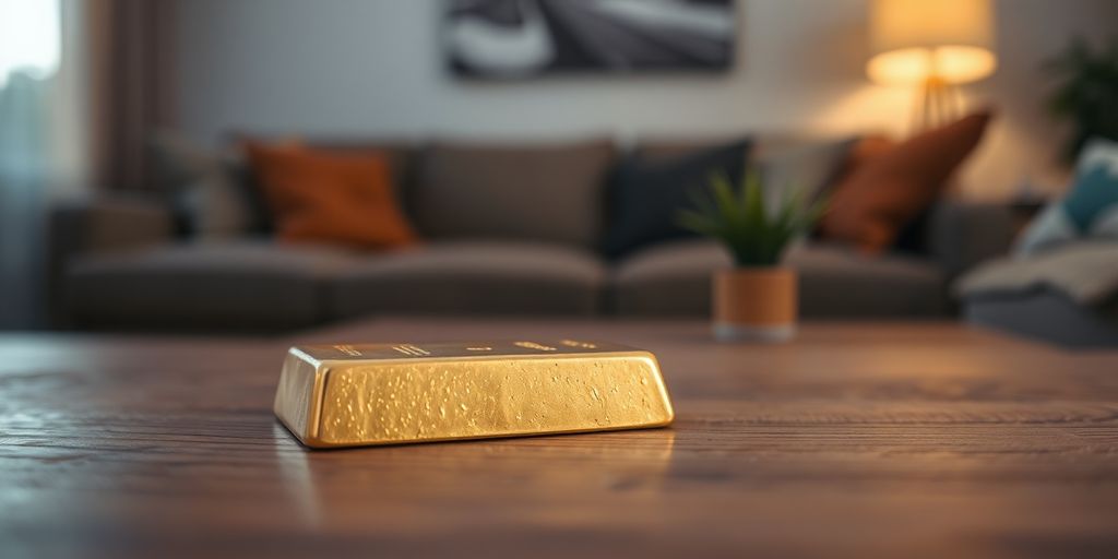 Lingot d'or sur une table en bois.