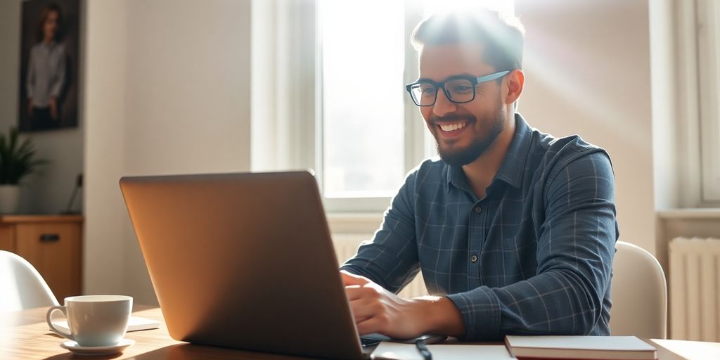 A small business owner smiling at a laptop.