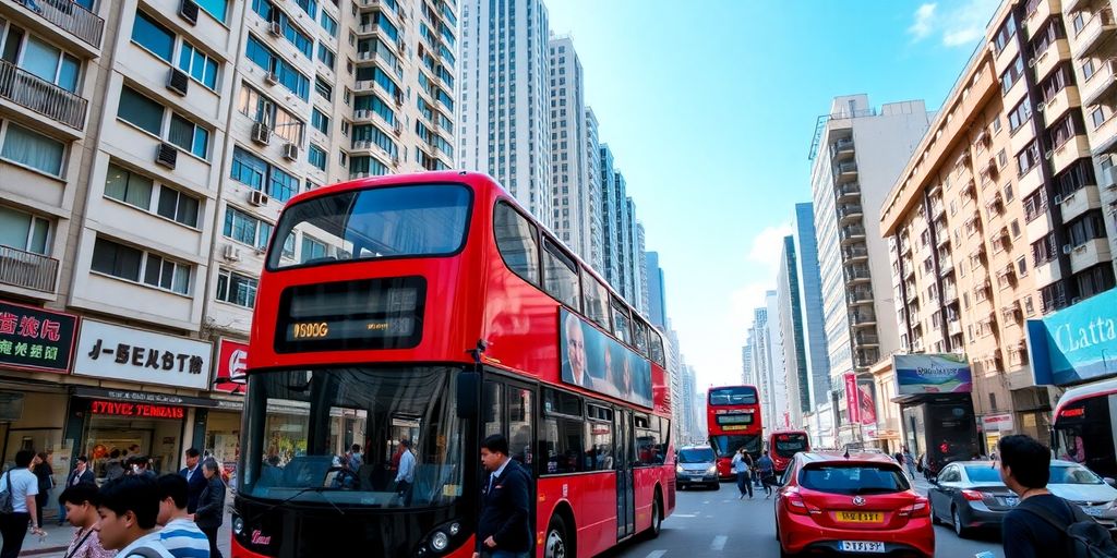 A double-decker bus on a busy Hong Kong street.