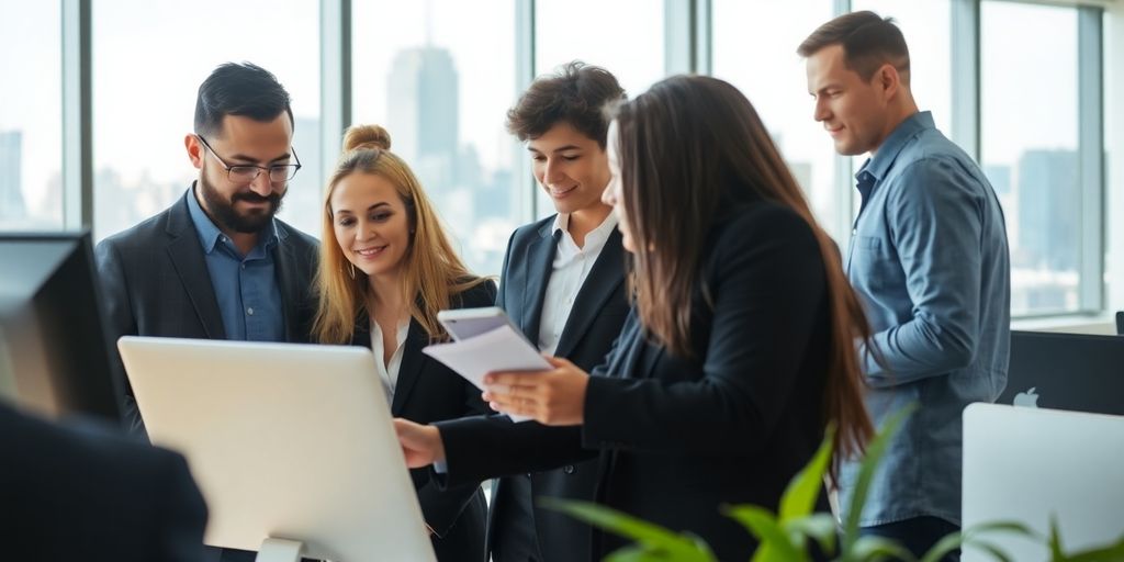 Diverse professionals working, NYC skyline background.