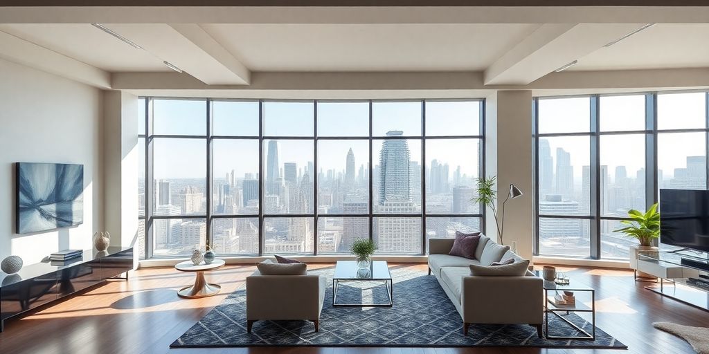 Bright Manhattan apartment interior with skyline view.
