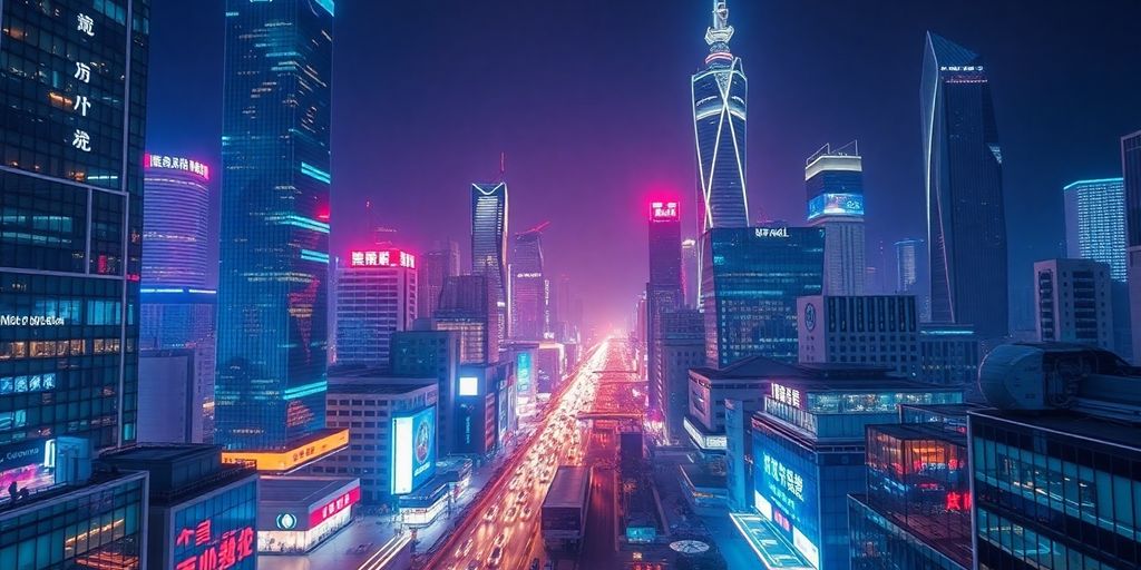 City skyline of a modern Chinese metropolis at night.