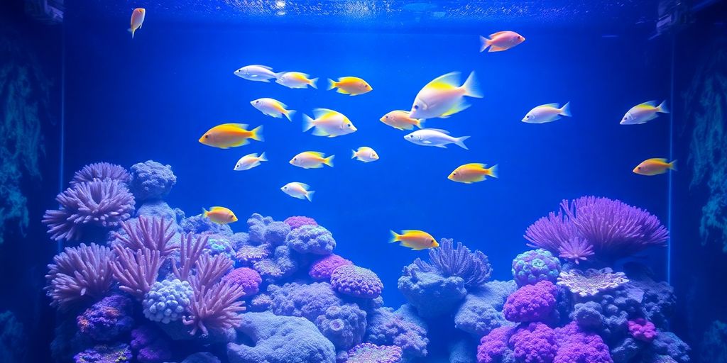 Colorful saltwater fish tank with corals and tropical fish.