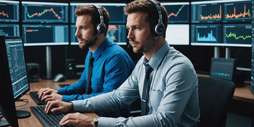 Tech support agent at desk with monitors