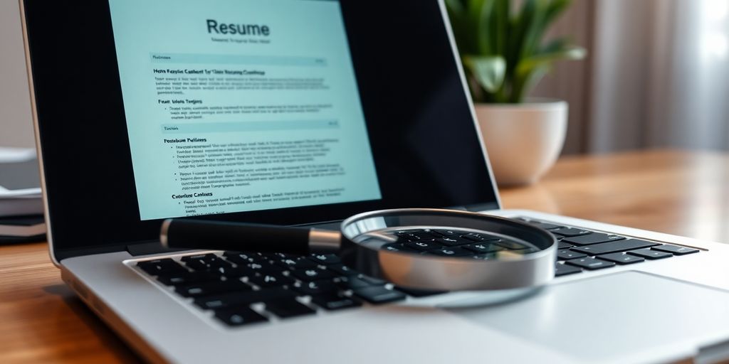 Laptop, resume, and magnifying glass.