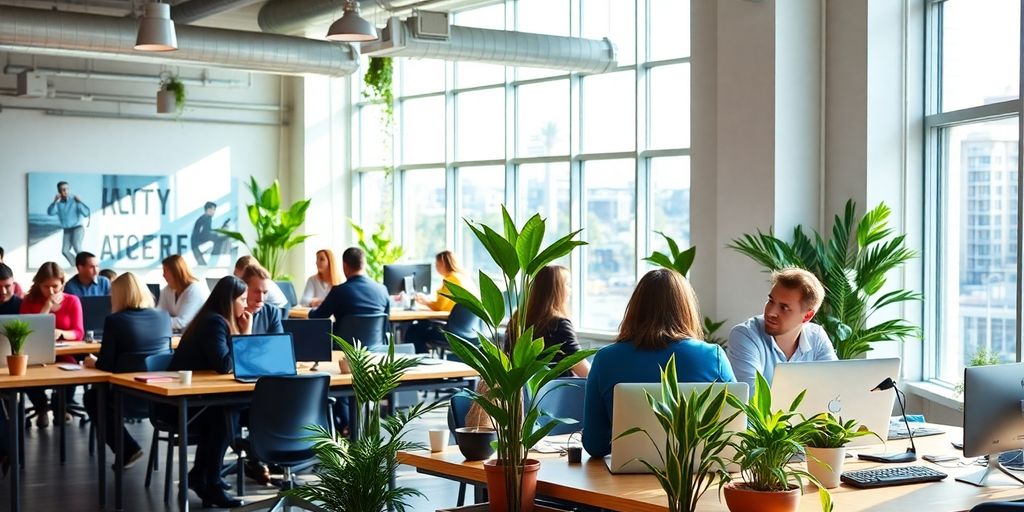 Modern coworking space with natural light and vibrant decor.