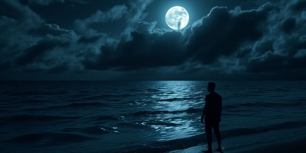Mar sereno con figura contemplativa bajo la luna.