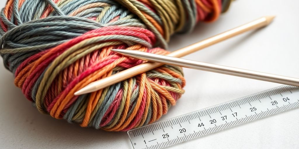 Yarn skein with knitting needles and gauge ruler.