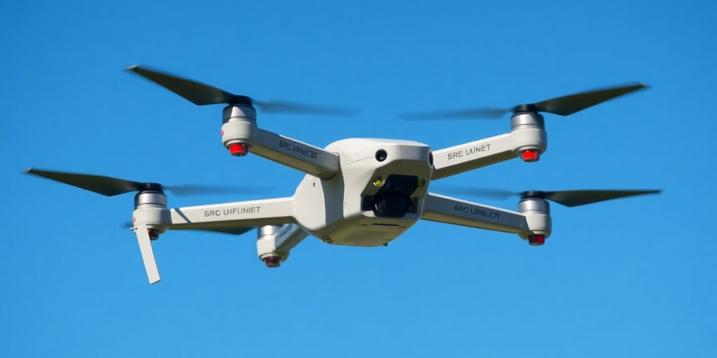 Drones modernes en vol dans un ciel bleu clair.