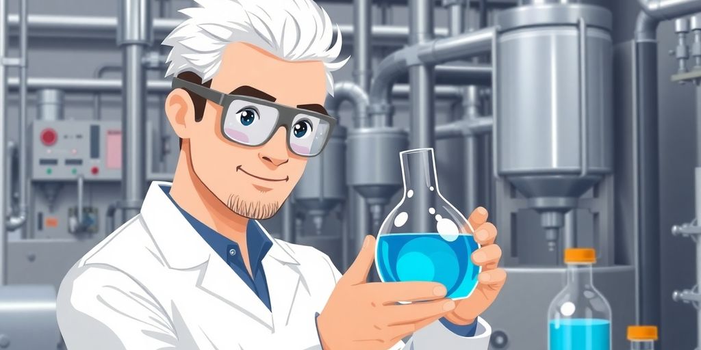 Chemist working in industrial laboratory, safety goggles, lab coat.