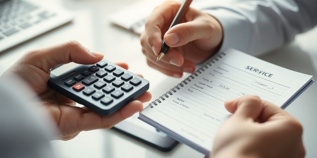 Hands with calculator and notepad for service comparison.