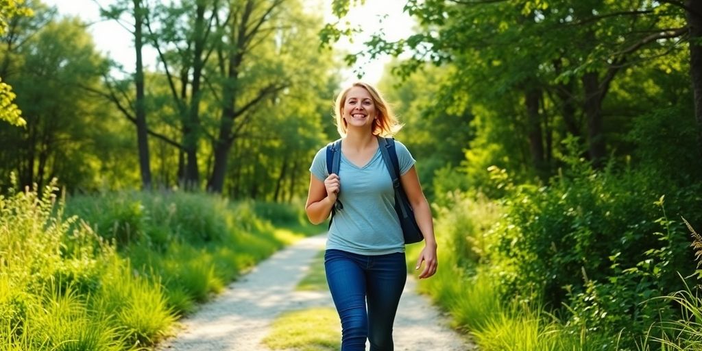 Person walking on a sunny path, embracing a healthy lifestyle.