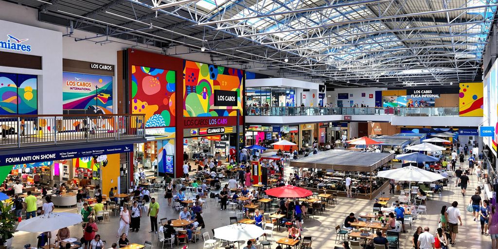 Dining and shopping area inside Los Cabos International Airport.