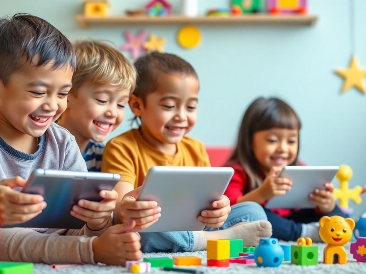 Copii folosind gadget-uri și aplicații educaționale.