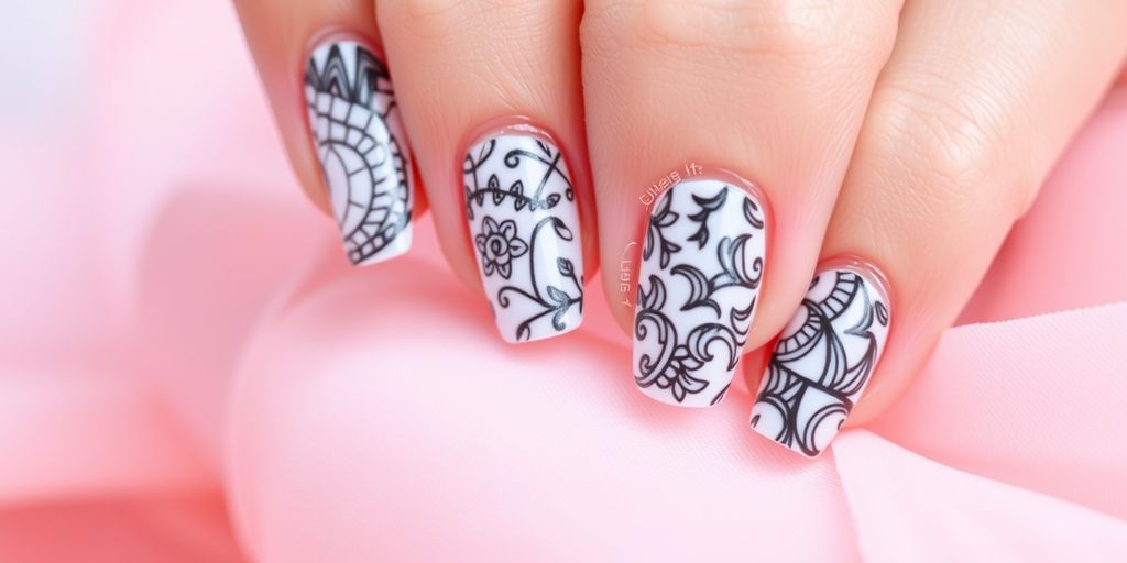 Unhas de gel com padrões adesivos intrincados