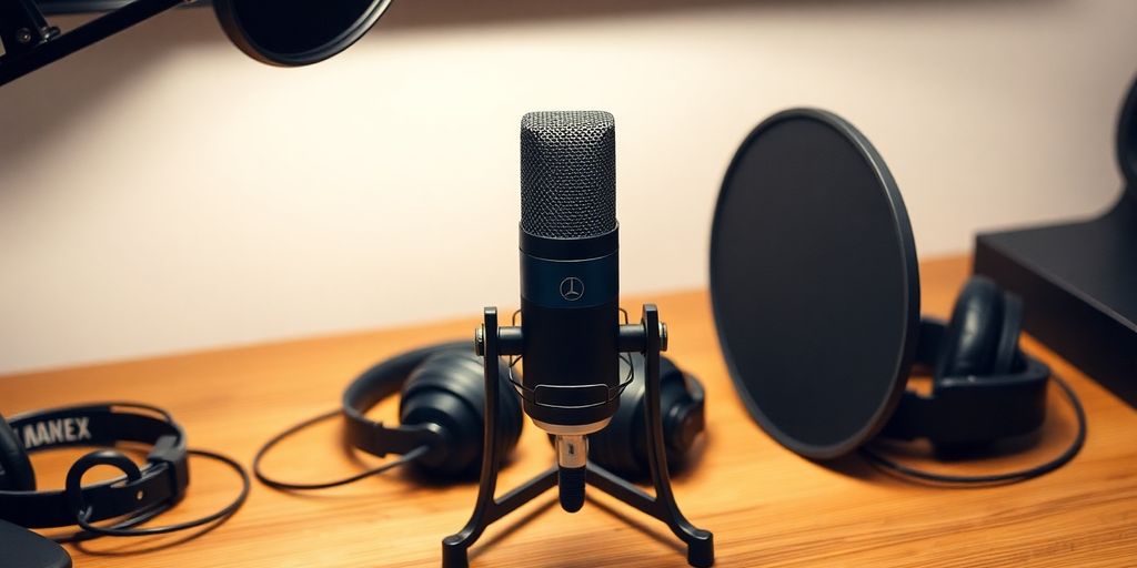 Micrófono de podcast y accesorios de audio sobre una superficie.