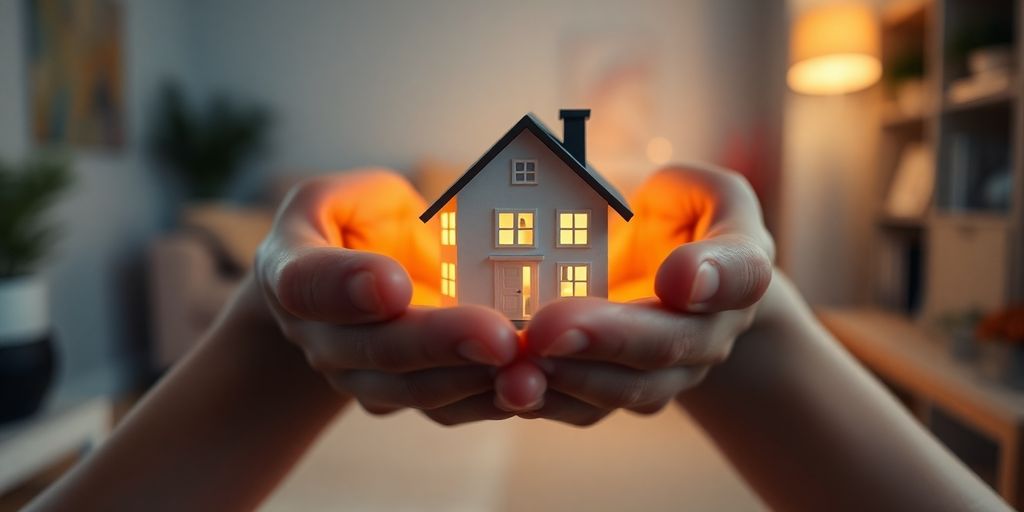 Manos sosteniendo una casa en miniatura.